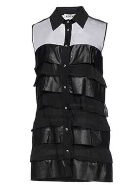 KOCHÉ SILK SHIRT black silk and faux leather sleeveless. Sz L NWT. $568